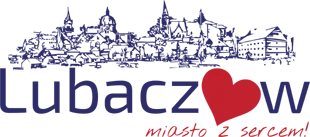 logotyp Lubaczowa - panorama miasta Lubaczów z napisem Lubaczów - miasto z sercem